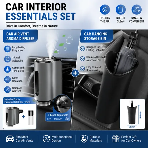2 pcs Car interior essentials set-Grey Car Air Vent Aroma Diffuser &Black Hanging Storage Bin- hanging storage container that is convenient to use and Compact
