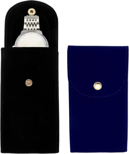 2 Pcs Velvet Watch Pouch, Portable Watch Travel Case Soft Watch Storage Bag with Snap Button Concave Inner Pad for Men and Women Gift, Black/Blue