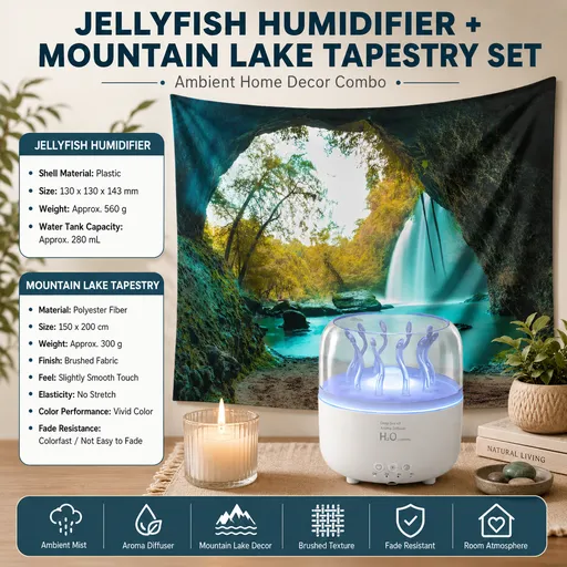 2 piece Cozy Home Duo set -White Jellyfish Humidifier and 150×200cm Mountain Lake Tapestry -humidifier featuring multi-color lights and aromatherapy diffusion,Hanging cloth Room Decor Brushed No-Stretch Fade Resistant Nature Decor with Installation