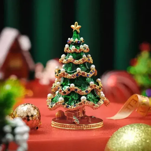 Enamel Christmas Tree Jewelry Box – Rhinestone & Pearl Luxe Desk Decor, Ring & Earring Storage, Perfect for Christmas, Birthdays, Housewarmings, Ideal Gift for Her/green