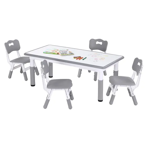 Keezi Kids Table and 4 Chairs Set Height Adjustable Toddler Desk and Chair Set for Ages 3-8, Children Activity Table with Graffiti Desktop for Learning Drawing Playing, Grey