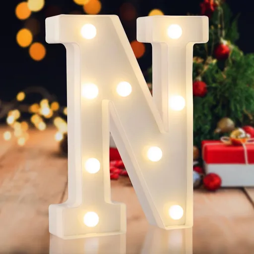 Sign letter N, warm white, 26 letters, 10 numbers, heart and & symbol; for birthday, party, Christmas, home, bar, wedding decoration; DIY word combinations; wall & tabletop display; battery operated.