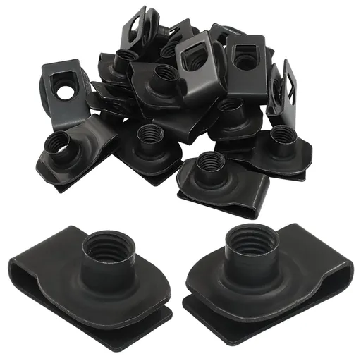 25 Pcs Extruded U Type Nuts, M10 Bumper Fender U Style Clip on Nut Black Fasteners, Spring Nuts for Automotive Metal Fender/Grill Retainer Clips