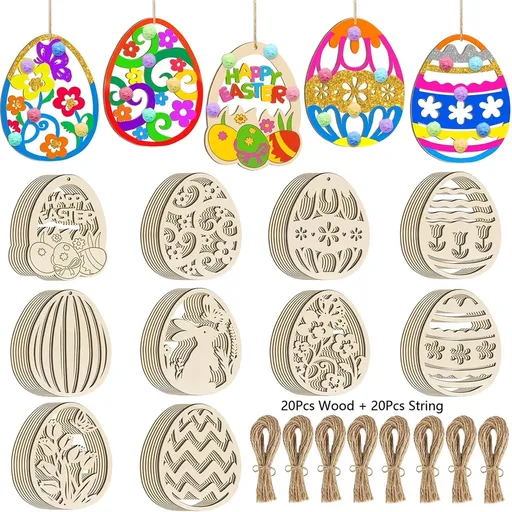 20 Sets Wooden Easter Ornaments Decorations DIY Easter Craft Kits Assorted Paintable Unfinished Wood Easter Egg Ornaments for Kids Classroom Home Activity Art D