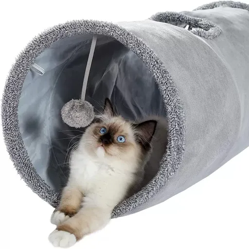 Cat Tunnel Durable Suede Foldable 30X67CM Grey Interactive Multi-Sensory Play Tube with Crinkle Paper Plush Interior