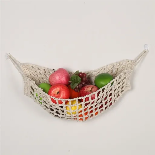 Fruit Hammock for Kitchen Under Cabinet Fruit Basket Hanging Handwoven Cotton Macrame Basket Boho Decor Storage Save Counter Space for Home Camper RV (white,Only storage mesh bag)