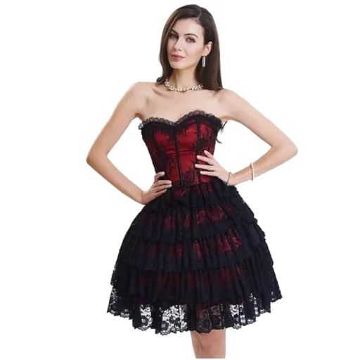 House Of Dasein Sexy Lace Corset Steampunk Gothic Women Party Dress Frills - Red - M