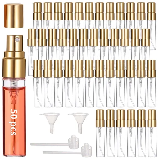 50PCS Mini Spray Bottles, 0.17oz/5ml Refillable Glass Perfume Bottles, Portable Travel Sample Containers with Caps, Fine Mist Atomizers with 2 Funnels and 2 Dispensers, Gold