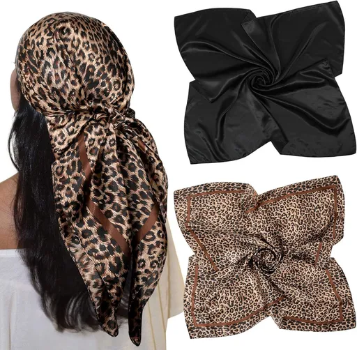 35” Large Satin Square Head Scar - 2Pcs Silk Like loral Head Scarves Square Satin Hair Scar Bandanas or Women