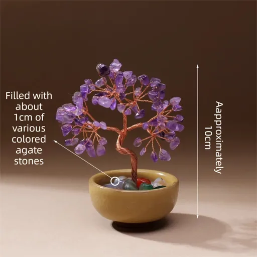 Natural Purple Crystal Money Tree with Agate Basin & Adjustable Wire Branches - Desktop Feng Shui Decor for Wealth and Prosperity