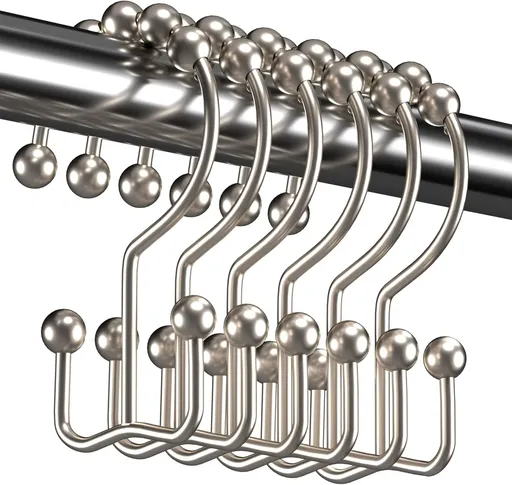 Shower Curtain Hooks - Stainless Steel - Metal - Double Sliding Clasp - Shower Curtain Rings - Suitable for Bathrooms - Double Shower Curtains - Shower Curtains - 12-pack - Nickel-coloured