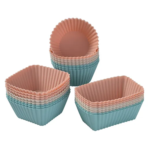 24 Pack Reusable Silicone Muffin Moulds, Round Square and Rectangle Baking Cups for Cupcakes and Desserts, Blue and Pink
