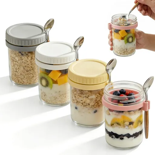 Leakproof Glass Oats Containers, Breakfast Jars with Lids and Spoon, Ideal for Meal Prep, Perfect for Yogurt and Chia Pudding, Great for Daily Use and On-the-Go Meals