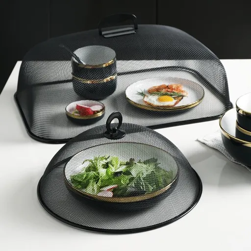 Food Cover Dense Mesh Design 180 Degree Rotatable Simple Iron Food Screen with Handle for Home Dining Room Black Rectangle Large