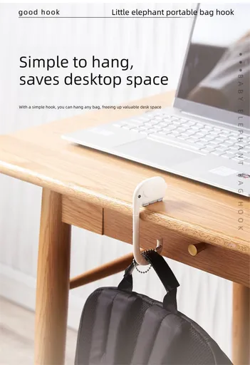 Cartoon Elephant Desk Side Bag Hook White Portable Adhesive Schoolbag Hanger No-Drill Movable Table Hook for Students and Office
