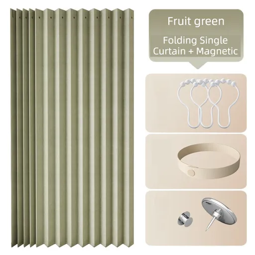 120 X 180 CM Fruit-Green Linen-Look Dust Drill-Free Pull-Curtain - Folding Doorless Closet Divider with Magnetic Closure & Hanging Rings