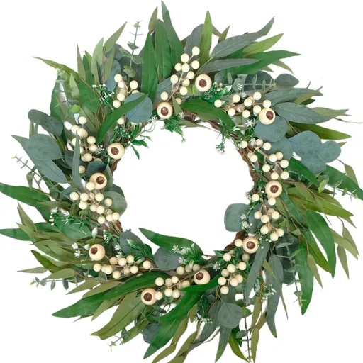 24 Inch Spring Eucalyptus Olive Leaves Wreath for Front Door, All Season Greenery Wreath with White Berries for Indoor Outdoor, Winter Spring Summer Wreath for Home Decor
