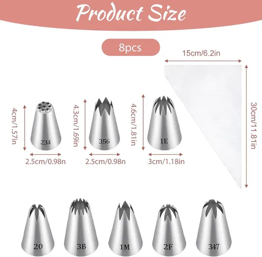 8 Pcs Large Piping Tips Set, Stainless Steel Cake Decorating Tips Set with 10pcs Piping Bag Pastry Cake Decorating Tip Baking Tools for Baking Cupcakes Decoration