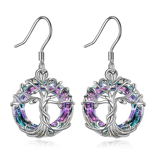Dangle Drop Earrings Tree of Life Crystal Sterling Silver Hypoallergenic for Women