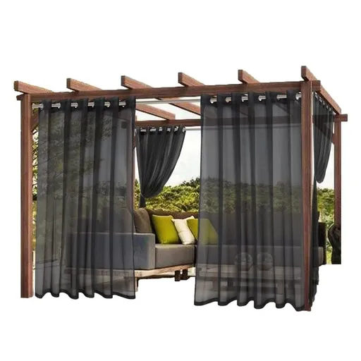 1 Pair Water Resistant Sheer Eyelet Curtains for Outdoor, 132 cm x 213 cm, Black