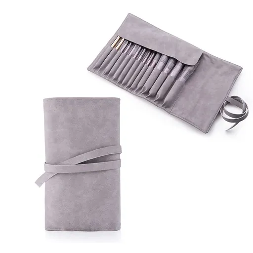 14 Pockets Makeup Brush Travel Rolling Case Gray Waterproof Cosmetic Travel Bag Brushes Pouch Holder, NO BRUSHES.