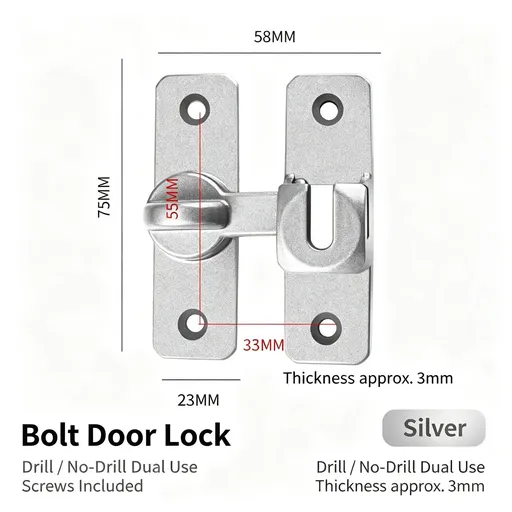Silver 90°/180° Universal Door Latch Bolt with Screws | Christmas Home Security Gift | 2-in-1 Sliding Door Lock Buckle Anti-Theft Door Clasp