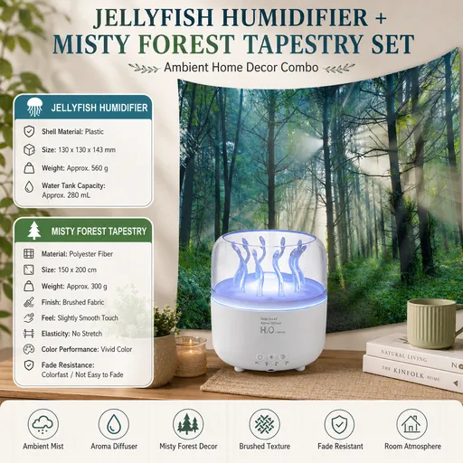 2 piece Cozy Home Duo set -White Jellyfish Humidifier and 150×200cm Misty Forest Tapestry -humidifier featuring multi-color lights and aromatherapy diffusion,Hanging cloth Room Decor Brushed No-Stretch Fade Resistant Nature Decor with Installation K
