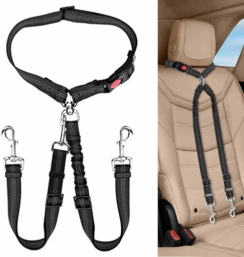 2pcs Dual Pet Car Headrest Restraint Safety Seatbelt No Tangle Dog Leash Duty Adjust Elastic Bungee Puppy Lead Splitter Connect Harness in Vehicle Travel(Black)