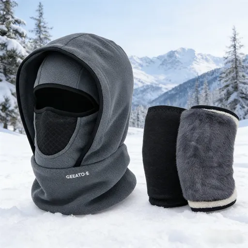 Windproof Thermal Rider Protection Set - 2 Pack Faux Rabbit Fur Knee Braces & Grey Fleece Balaclava Hood Outdoor Sports Warmth Bundle