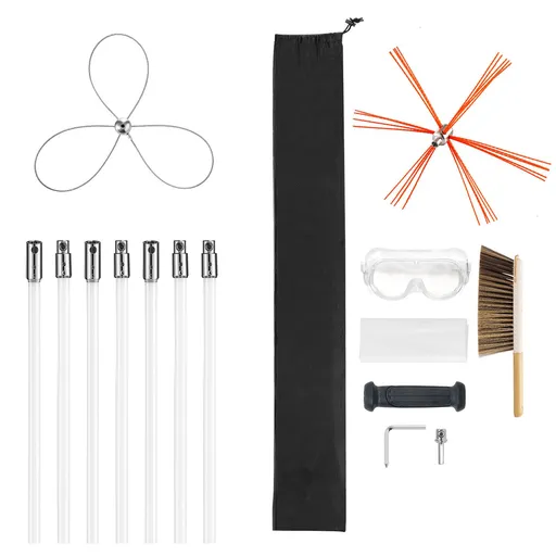 Chimney Sweep Kit, 7m Maximum Extendable Length Chimney Brush, Chimney Cleaner Sweeper with Dual Brush Heads, Brush & Goggles, Fireplace Cleaning Tool for Square, Rectangle, Arch Chimneys