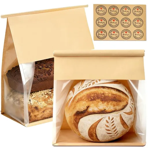 50 Pack Medium Paper Bread Bags 6.30"×10.24"×5.12" Resealable Tin Tab Lock Sourdough Bags with Clear Window for Homemade Loaves Muffins, M
