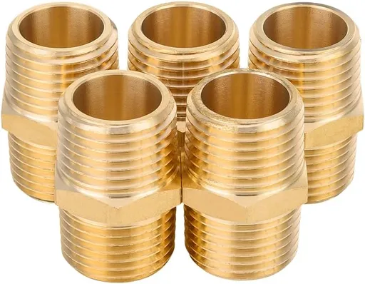 (Pack of 5) Brass Pipe Fitting, 1/2" x1/2" Male NPT Hex Nipple Straight Adapters For Copper, Brass or Iron Pipe Connection (5, 1/2 inch),(NPT013-5PCS)