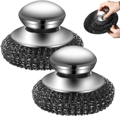 Steel Wool Scrubber with Handle, Upgrade Heavy Duty Stainless Steel Dish Scrubber for Cleaning Dishes, Iron Pots, Stoves, Kitchen Sink (2 pcs)
