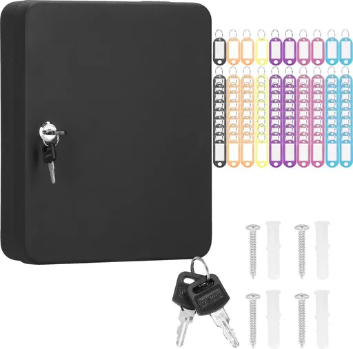 100-Hook Black Locking Key Cabinet with Tags and Mounting Hardware, 30 x 24 x 7 cm