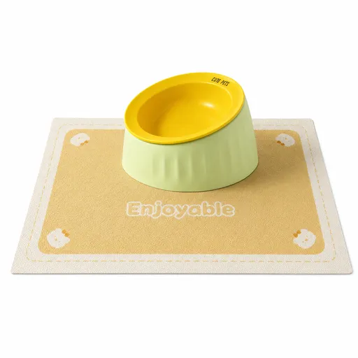 Pet Feeding Set - 15 Degree Tilted Ceramic Yellow Bowl and Yellow Non-Slip PVC Mat, Detachable Design, Easy Clean Cat Dog Food Water Dish