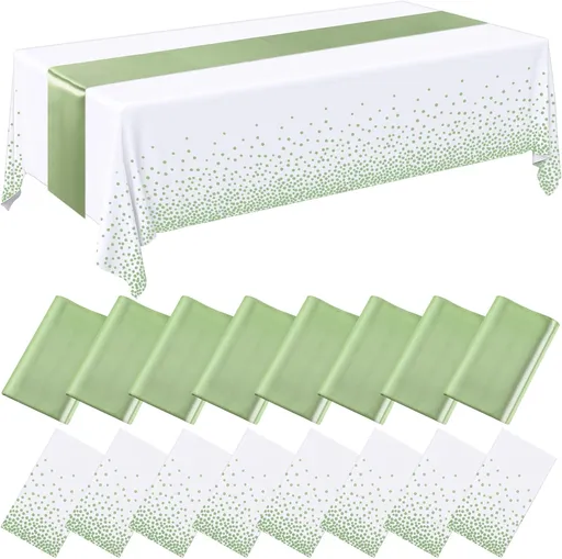 16 Pcs White and Sage Green Disposable Plastic Tablecloths and Satin Table Runner Set 54x108 Inch Tablecloth 12x108 Inch Table Runners for New Year Wedding Birthday Baby Shower Graduation