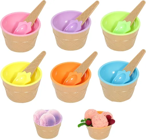 6 Pack Plastic Ice Cream Bowls with Spoons,Reusable Plastic ice Cream Cups,Cartoon Candy Colorice Cream Bowls Set for Sundae Frozen Yogurt Summer Holiday Parties