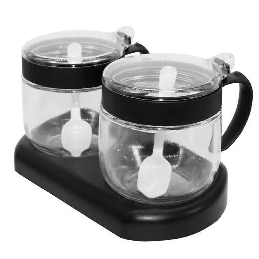 Seasoning Box Set Condiment Set With Lids and Spoon,Clear Glass Condiment Canisters,2Pack Set for Sugar Pepper Counter(Black)