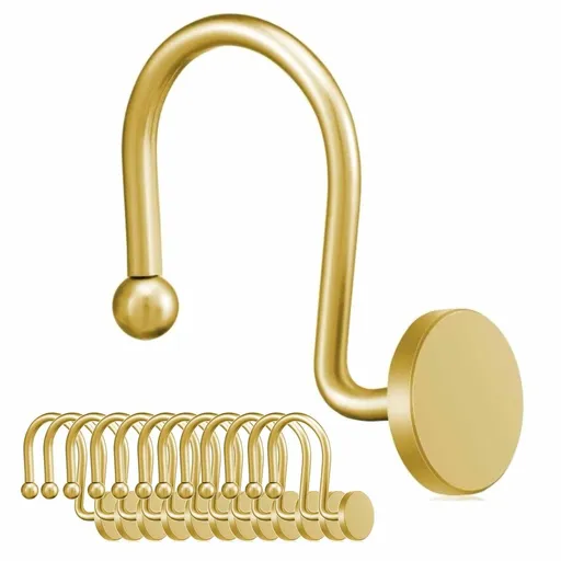 12-Pack Gold Shower Curtain Hooks Decorative, Rustproof Shower Curtain Rings for Bathroom, Metal Shower Hooks for Shower Curtain Rod, Modern Decorative Shower Curtain Hangers, Metal Round Hook