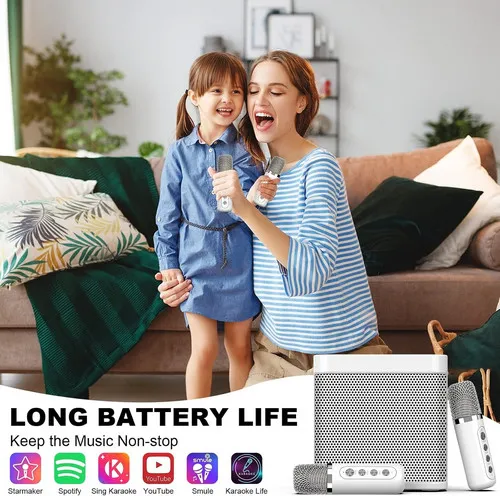 Sliver Karaoke Machine with 2 Wireless Microphones Bluetooth-Compatible 5.0 for Parties