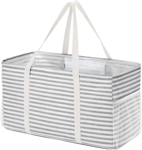 Extra Large Tote Bag, Reable Grocery Bags with Metal Wire Frame and Handles, Standing Utility Foldable Shopping Bags for Storage, Picnics, Beach, Laundry, Car, 46L, 1 Pack, Gray
