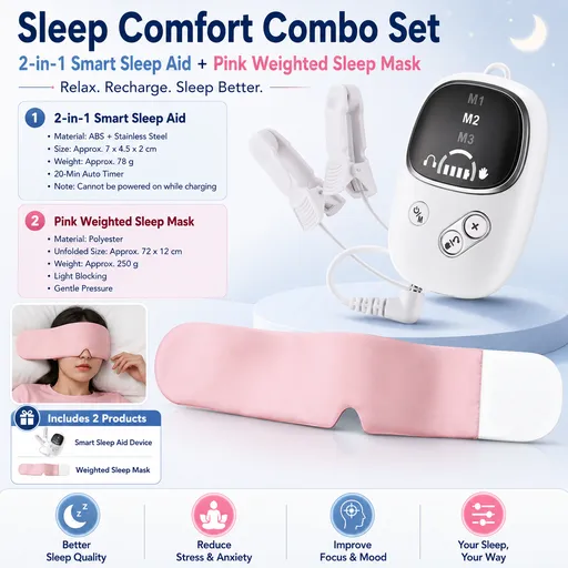Home and Travel Sleep Aid Bundle - White Dual Mode CES Microcurrent Sleep Aid Device and Pink Gravity Eye Mask, USB Rechargeable Handheld and Ear Clip Unit, 72cm Light Blocking Polyester Cover for Deep Rest and Travel
