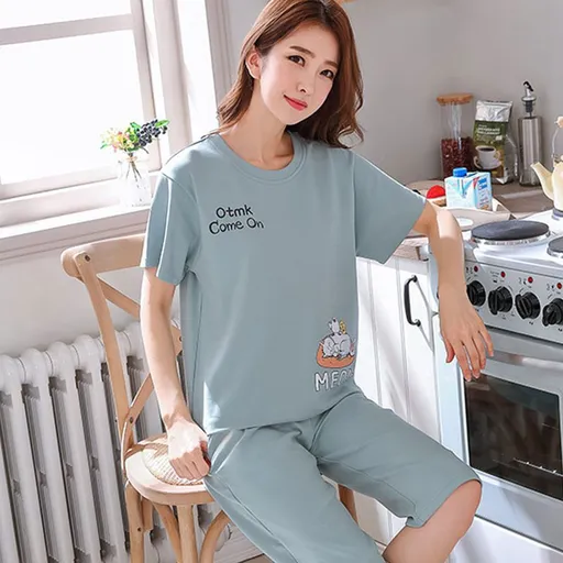 Women Cartoon Pajama Set Summer Thin Polyester S short-sleeved shorts green sleeping cat M