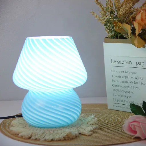 Blue Striped Retro All Glass Mushroom Table Lamp (2 Pack) - American Style Creative Bedside Nightstand Ambient Light, AU Plug with 3-Color Switching