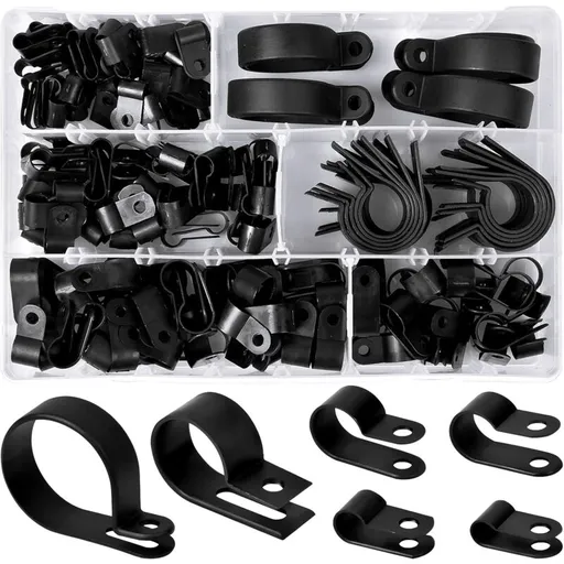 200 pcs Nylon Plastic R Clips Tube Clamps, 6 Sizes 3/16'' 1/4'' 3/8'' 1/2'' 3/4'' 11/8'' Fasteners For Conduit, Cable,