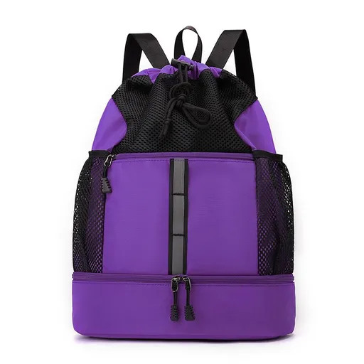 Sports Drawstring Backpack with Shoe Compartment Wet Pocket Reflective Stripe - Purple