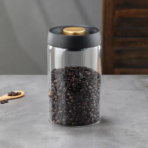 Borosilicate Glass Storage Jar with Vacuum-Seal Black Lid and Gold Knob for Coffee, Tea and Dry Food, Kitchen Pantry Storage, 1200ml