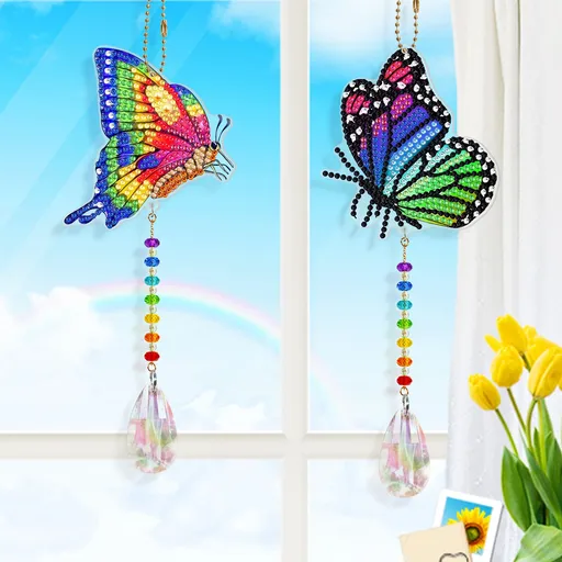 2Pcs Colorful Butterfly Diamond Painting Suncatcher Kits for Adults Crystal Butterfly Diamond Art Sun Catcher Hanging Ornament Wind
