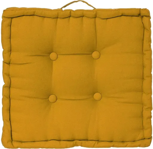 Ochre Yellow Tufted Cotton Floor Cushion with Handle, Extra Thick, 38.5 x 38.5 x 8 cm