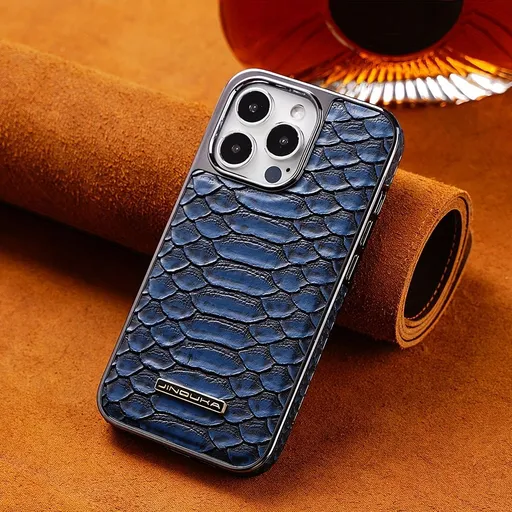 snake-pattern leather phone case, fingerprint-resistant phone case, high-end leather phone case, stylish phone case, durable phone case, Australia - Blue - Size iPhone 15 Pro Max